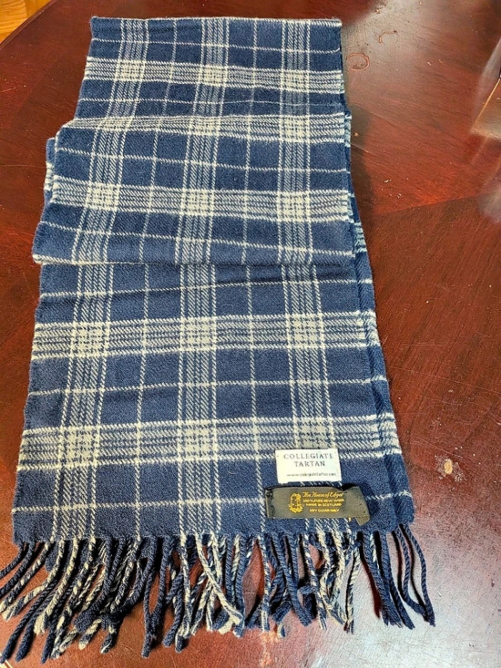 House of Edgar Collegiate Tartan Plaid Wool Scarf in Blue & Cream